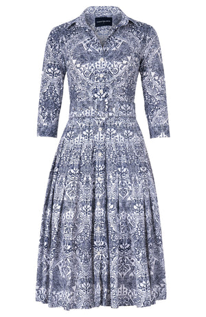 Audrey Dress #2 Shirt Collar 3/4 Sleeve Long Length Cotton Stretch (Peacock Toile White)