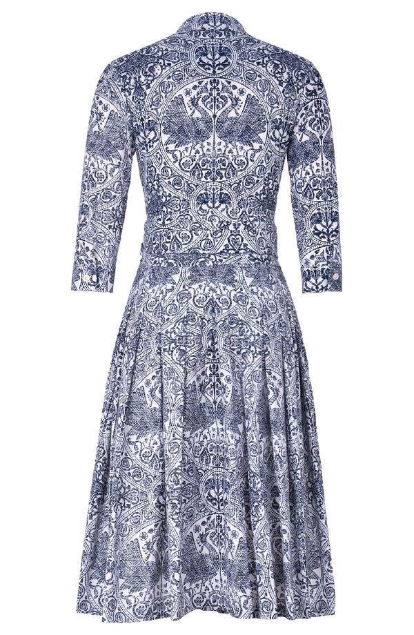 Audrey Dress #2 Shirt Collar 3/4 Sleeve Long Length Cotton Stretch (Peacock Toile White)