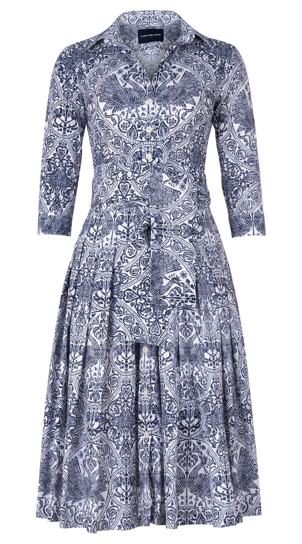 Audrey Dress #2 Shirt Collar 3/4 Sleeve Long Length Cotton Stretch (Peacock Toile White)