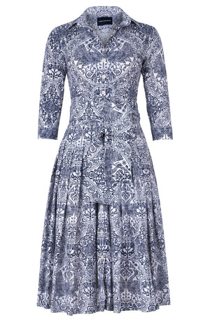 Audrey Dress #2 Shirt Collar 3/4 Sleeve Long Length Cotton Stretch (Peacock Toile White)