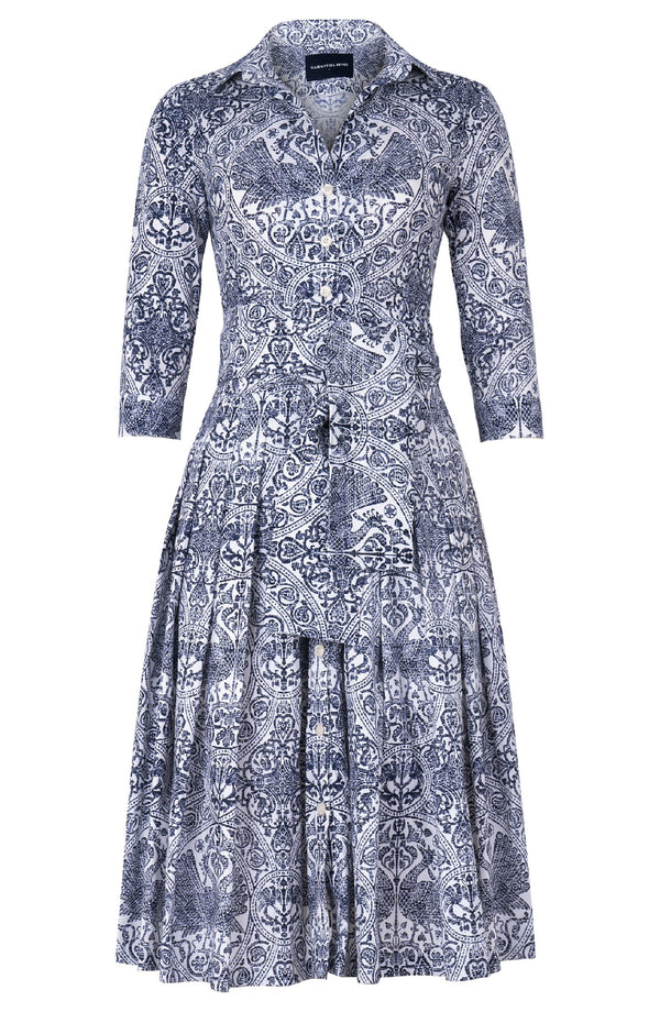 Audrey Dress #2 Shirt Collar 3/4 Sleeve Long Length Cotton Stretch (Peacock Toile White)