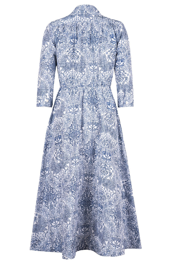 Terry Dress Shirt Collar 3/4 Sleeve Midi Plus Length Poliamide Taffta (Peacock Toile White)