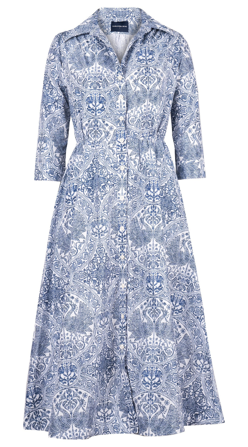 Terry Dress Shirt Collar 3/4 Sleeve Midi Plus Length Silk Taffta (Peacock Toile White)