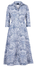 Terry Dress Shirt Collar 3/4 Sleeve Midi Plus Length Silk Taffta (Peacock Toile White)