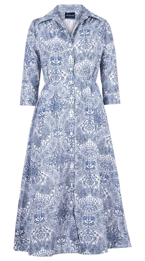 Terry Dress Shirt Collar 3/4 Sleeve Midi Plus Length Silk Taffta (Peacock Toile White)