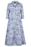 Terry Dress Shirt Collar 3/4 Sleeve Midi Plus Length Poliamide Taffta (Peacock Toile White)