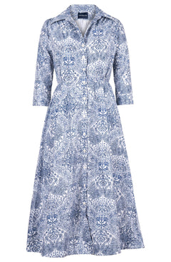 Terry Dress Shirt Collar 3/4 Sleeve Midi Plus Length Poliamide Taffta (Peacock Toile White)