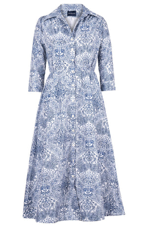 Terry Dress Shirt Collar 3/4 Sleeve Midi Plus Length Poliamide Taffta (Peacock Toile White)