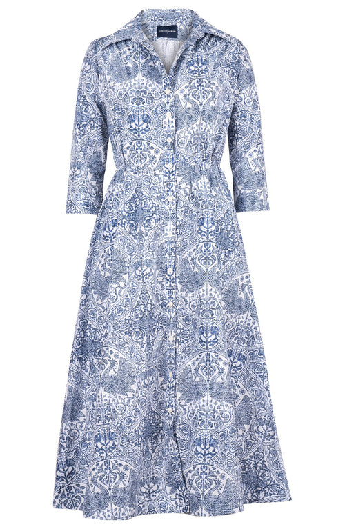 Terry Dress Shirt Collar 3/4 Sleeve Midi Plus Length Poliamide Taffta (Peacock Toile White)