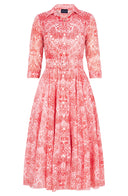 Aster Dress Shirt Collar 3/4 Sleeve Midi Length Cotton Musola (Peacock Toile White)