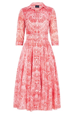 Aster Dress Shirt Collar 3/4 Sleeve Midi Length Cotton Musola (Peacock Toile White)