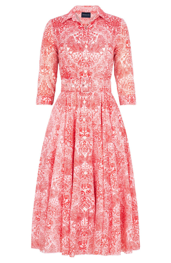 Aster Dress Shirt Collar 3/4 Sleeve Midi Length Cotton Musola (Peacock Toile White)