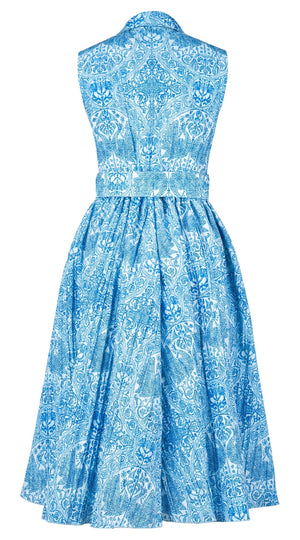 Terry Dress Shirt Collar Sleeveless Midi ength Silk Taffta (Peacock Toile Pastel)