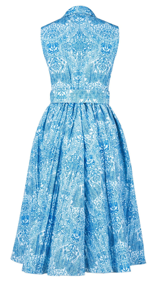 Terry Dress Shirt Collar Sleeveless Midi ength Silk Taffta (Peacock Toile Pastel)