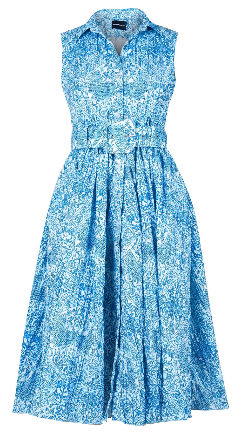 Terry Dress Shirt Collar Sleeveless Midi ength Silk Taffta (Peacock Toile Pastel)