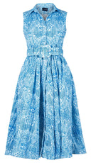 Terry Dress Shirt Collar Sleeveless Midi ength Silk Taffta (Peacock Toile Pastel)