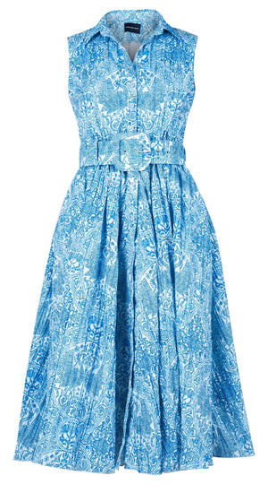 Terry Dress Shirt Collar Sleeveless Midi ength Silk Taffta (Peacock Toile Pastel)
