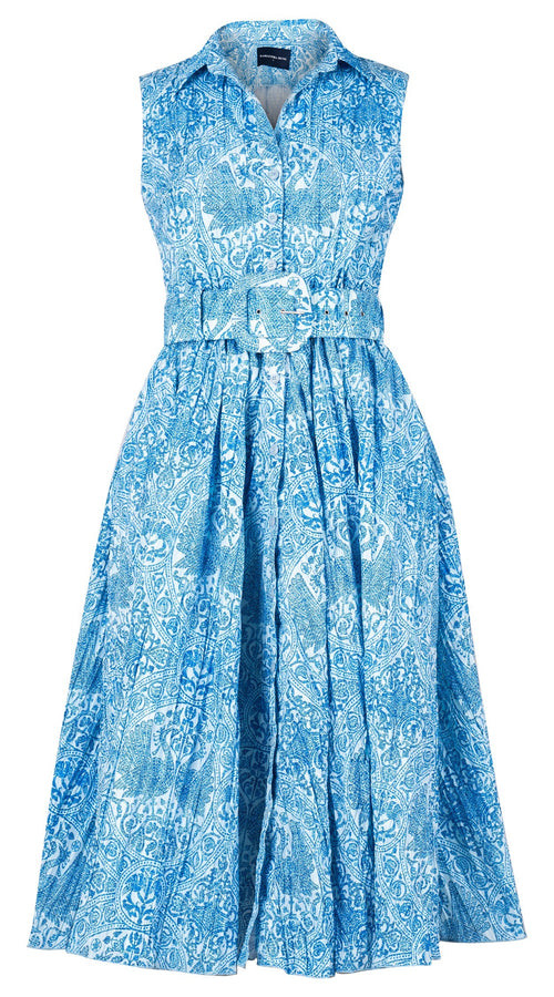 Terry Dress Shirt Collar Sleeveless Midi ength Silk Taffta (Peacock Toile Pastel)