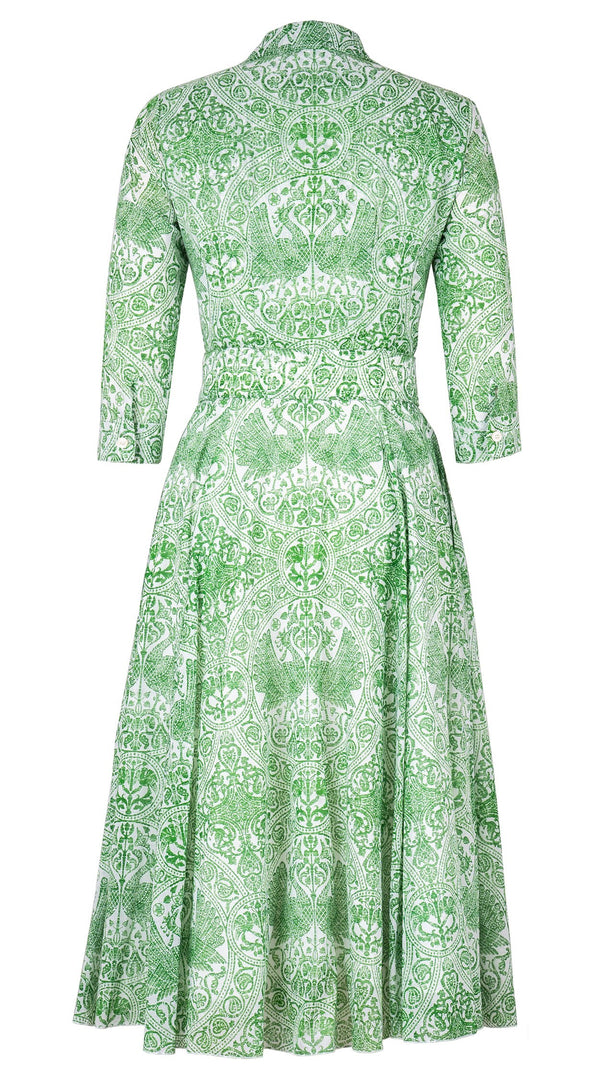 Aster Dress Shirt Collar 3/4 Sleeve Midi Length Cotton Musola (Peacock Toile White)