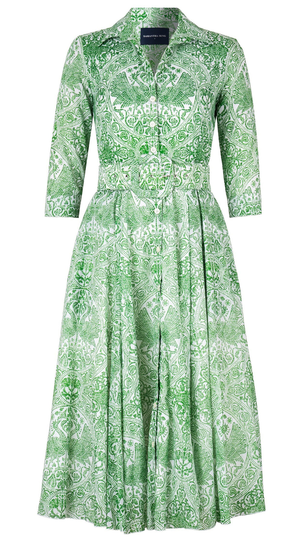 Aster Dress Shirt Collar 3/4 Sleeve Midi Length Cotton Musola (Peacock Toile White)