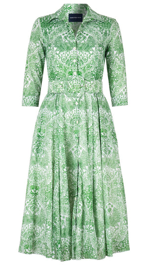 Aster Dress Shirt Collar 3/4 Sleeve Midi Length Cotton Musola (Peacock Toile White)