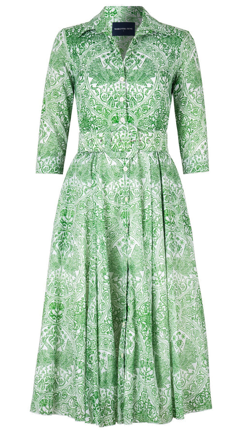 Aster Dress Shirt Collar 3/4 Sleeve Midi Length Cotton Musola (Peacock Toile White)