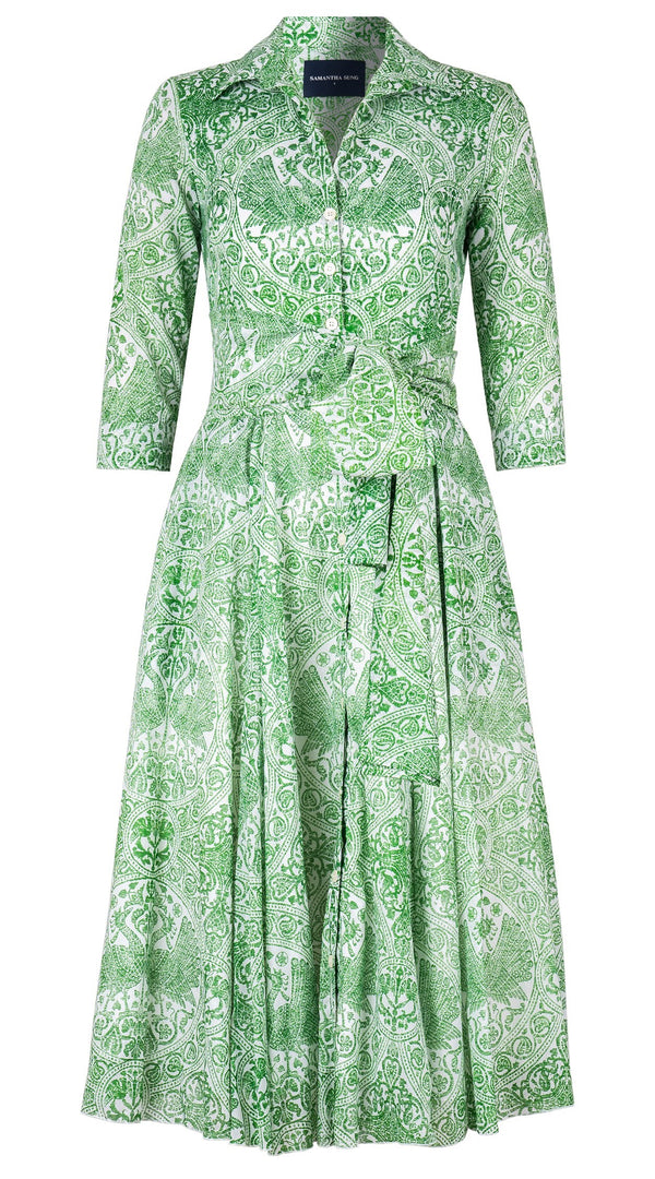 Aster Dress Shirt Collar 3/4 Sleeve Midi Length Cotton Musola (Peacock Toile White)