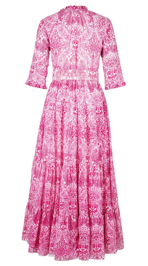 Eva Dress Crew Neck 3/4 Sleeve Maxi Length Cotton Musola (Peacock Toile White)
