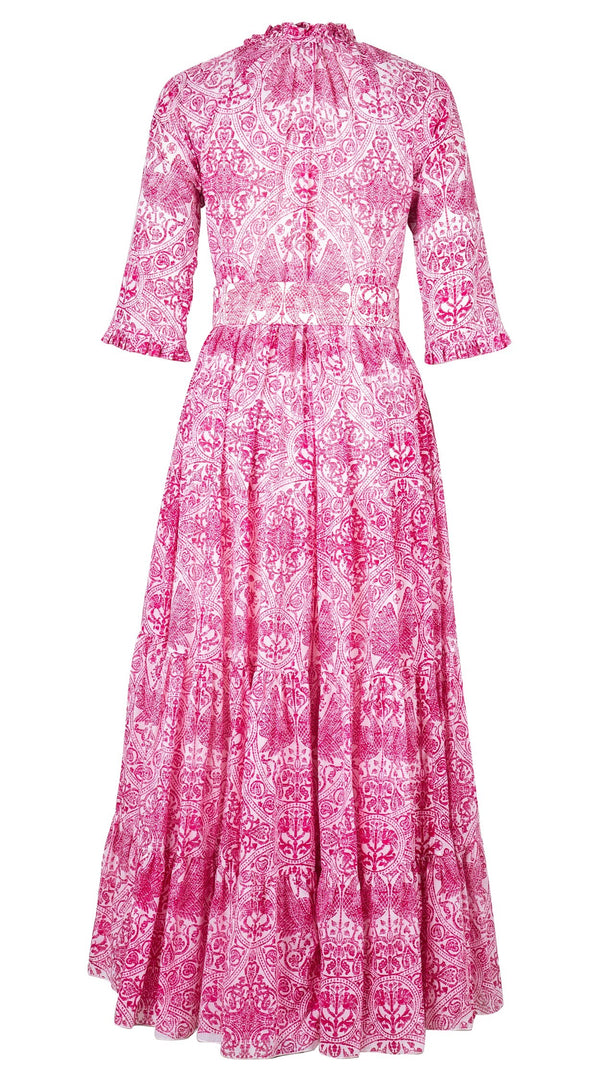 Eva Dress Crew Neck 3/4 Sleeve Maxi Length Cotton Musola (Peacock Toile White)