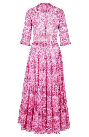 Eva Dress Crew Neck 3/4 Sleeve Maxi Length Cotton Musola (Peacock Toile White)