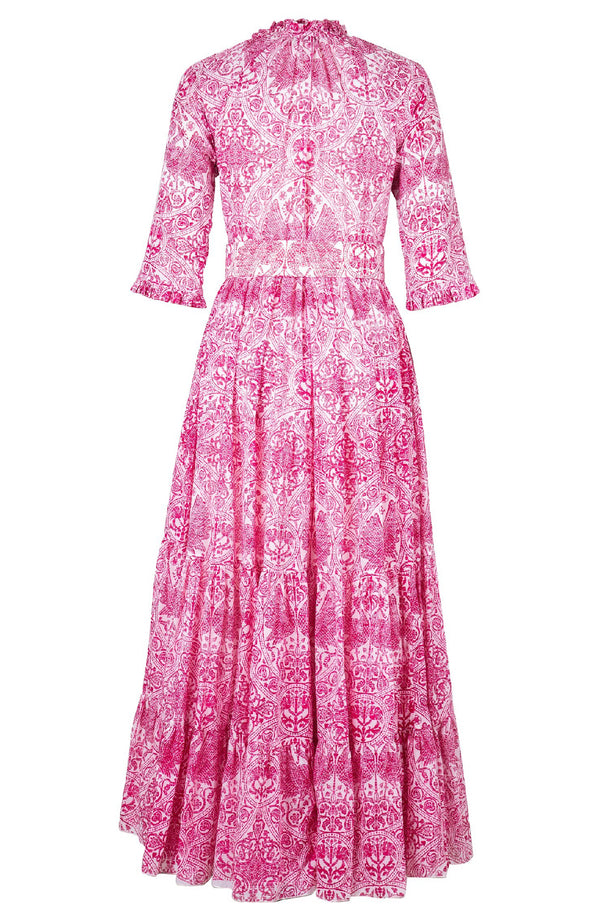 Eva Dress Crew Neck 3/4 Sleeve Maxi Length Cotton Musola (Peacock Toile White)