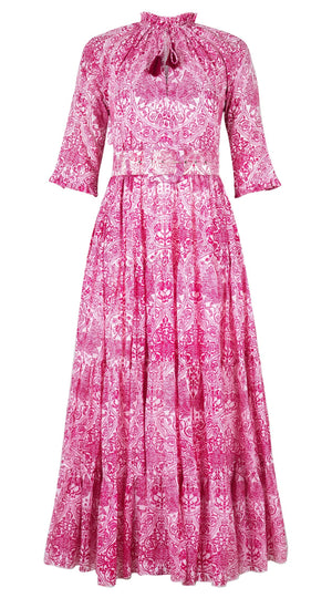 Eva Dress Crew Neck 3/4 Sleeve Maxi Length Cotton Musola (Peacock Toile White)