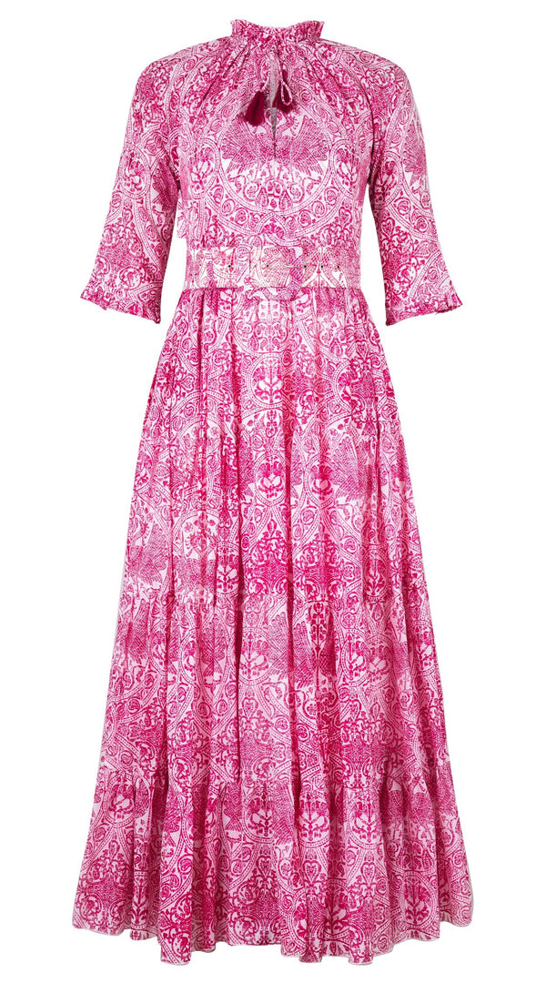 Eva Dress Crew Neck 3/4 Sleeve Maxi Length Cotton Musola (Peacock Toile White)