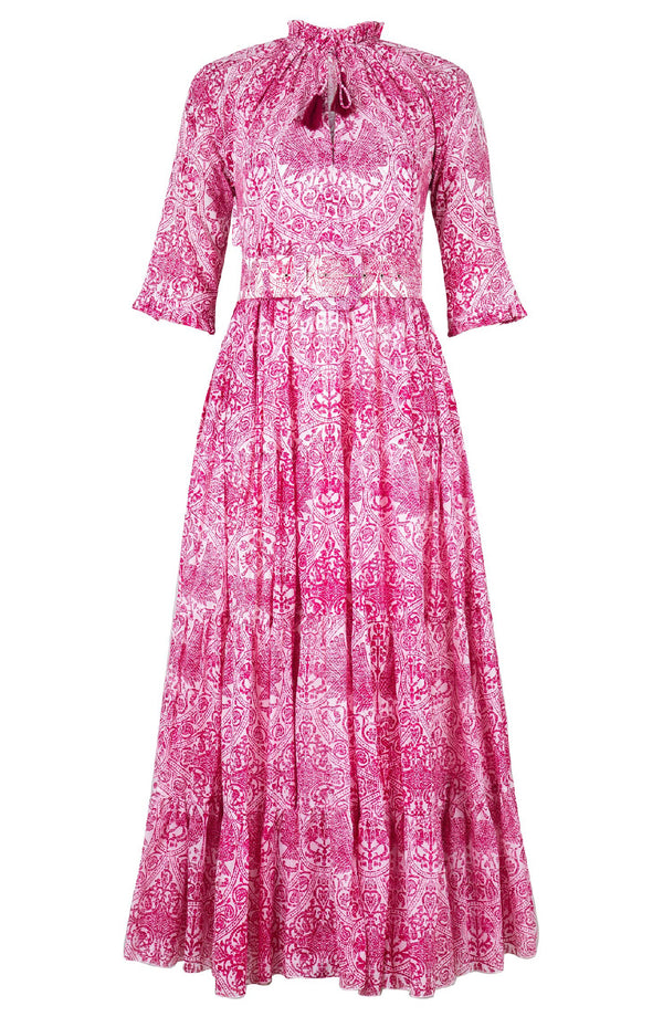 Eva Dress Crew Neck 3/4 Sleeve Maxi Length Cotton Musola (Peacock Toile White)