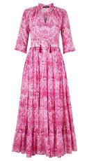 Eva Dress Crew Neck 3/4 Sleeve Maxi Length Cotton Musola (Peacock Toile White)