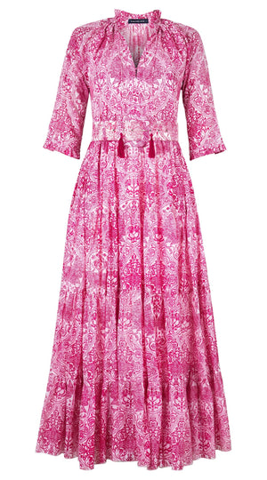 Eva Dress Crew Neck 3/4 Sleeve Maxi Length Cotton Musola (Peacock Toile White)