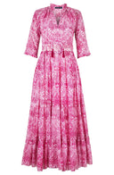 Eva Dress Crew Neck 3/4 Sleeve Maxi Length Cotton Musola (Peacock Toile White)