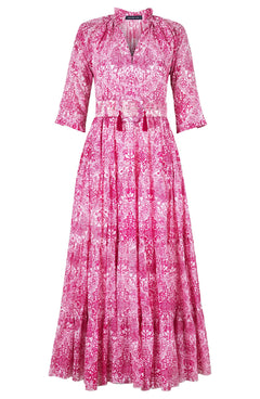 Eva Dress Crew Neck 3/4 Sleeve Maxi Length Cotton Musola (Peacock Toile White)