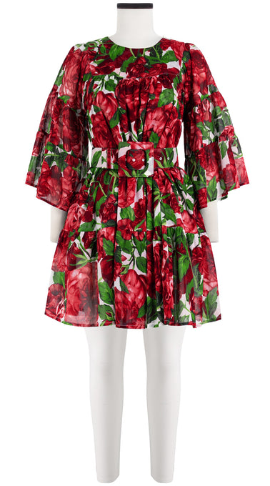 Cozette Dress Crew Neck 3/4 Sleeve with Hamilton Belt Mini Length Cotton Musola (Peony Bloom)
