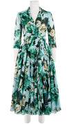 Aster Dress Shirt Collar 3/4 Sleeve Midi Length Cotton Musola (Peony Kimono All Over)