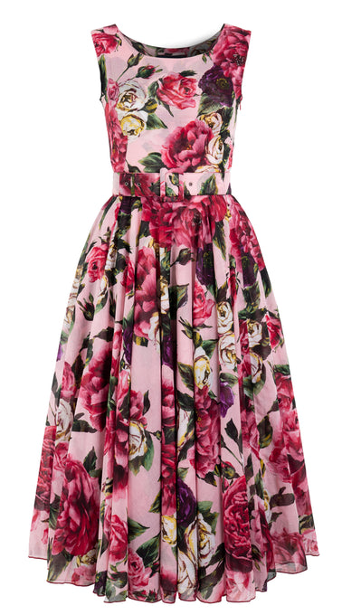 Aster Dress Boat Neck Sleeveless Midi Length Cotton Musola (Peony Kimono All Over)