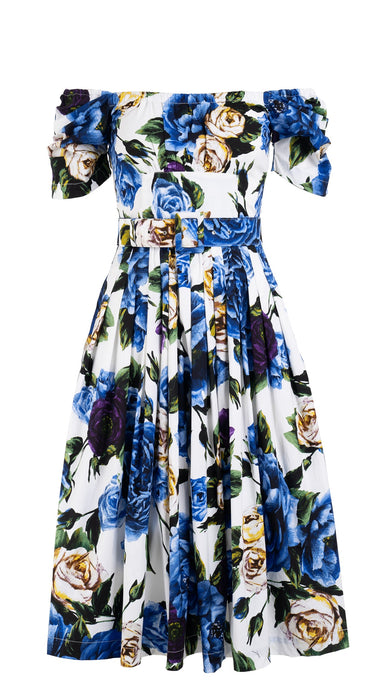 Florance Dress #2 Off Shoulder Short Tuck Sleeve Long +3 Length Cotton Stretch (Peony Kimono All Over)