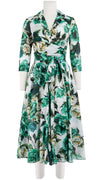 Olivia Dress Shirt Collar 3/4 Sleeve Midi Length Cotton Musola (Peony Kimono All Over)