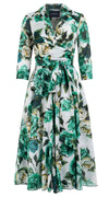 Olivia Dress Shirt Collar 3/4 Sleeve Midi Length Cotton Musola (Peony Kimono All Over)