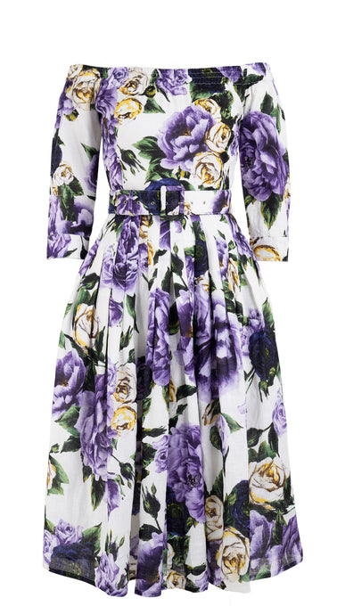 Florance Dress #2 Off Shoulder 3/4 Sleeve Long +3 Length Linen (Peony Kimono All Over)