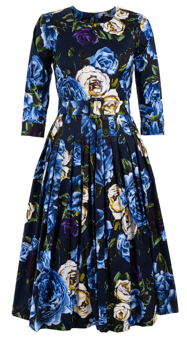 Florance Dress #2 Crew Neck 3/4 Sleeve Long +3 Length Cotton Stretch (Peony Kimono All Over Dark)