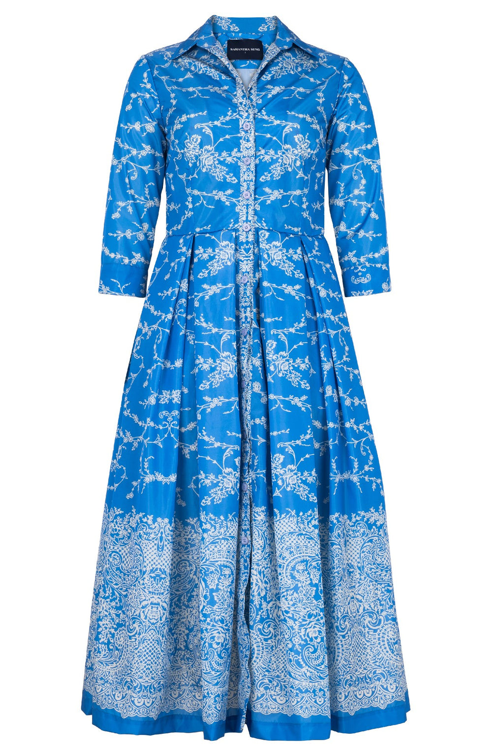 Audrey Dress #7 Shirt Collar 3/4 Sleeve Midi Plus Length Poliamide Taffta (Reticella Lace Ivory)