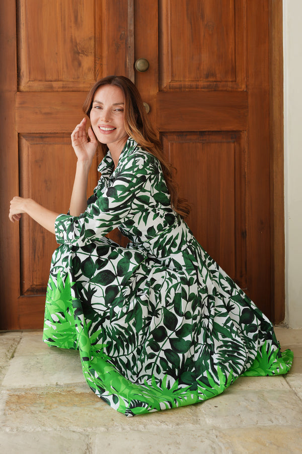 Audrey Dress #2 Shirt Collar 3/4 Sleeve Long Length Cotton Stretch (Picasso Mono White Multi)