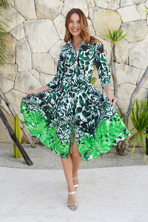 Audrey Dress #2 Shirt Collar 3/4 Sleeve Long Length Cotton Stretch (Picasso Mono White Multi)