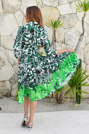 Audrey Dress #2 Shirt Collar 3/4 Sleeve Long Length Cotton Stretch (Picasso Mono White Multi)